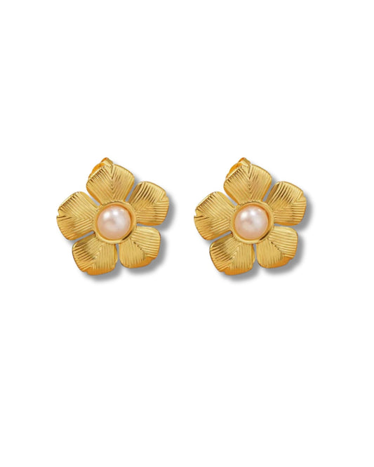 Aretes de flor tropical con perla al centro