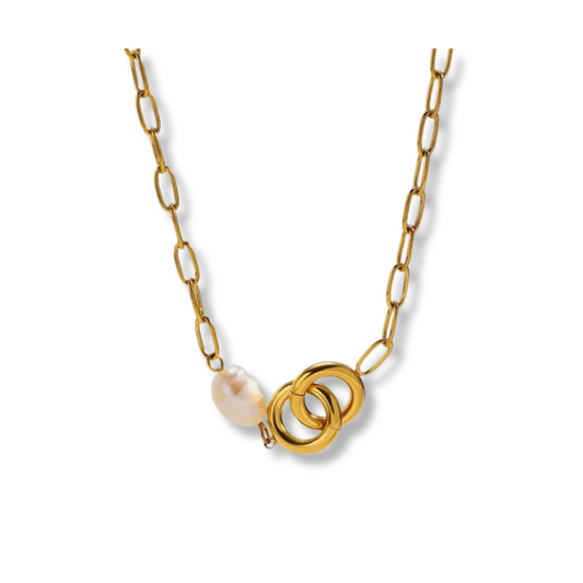 Cadena eslabones con dije de circulos y perla